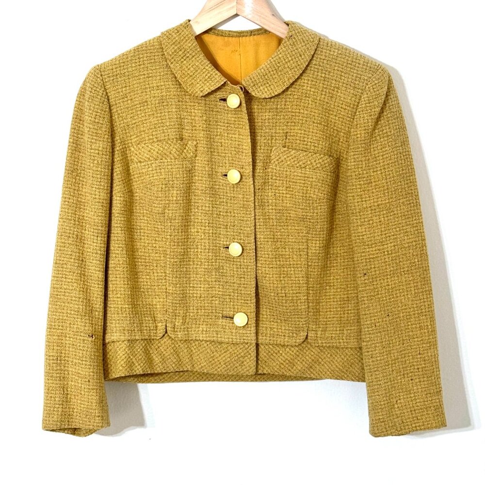 Vtg 60s Mustard Yellow Wool Boxy Jacket Cropped Peter Pan Collar Mod Retro FLAWS